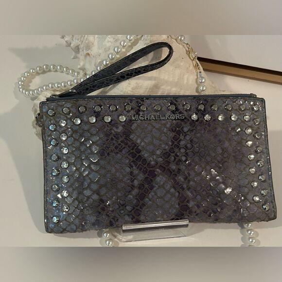 Michael Kors Blue Snakeskin Leather Studded Wristlet Clutch Wallet - Picture 11 of 11
